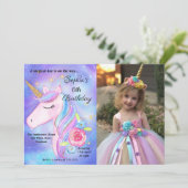 紫色の水彩魔法のユニコーン誕生日写真 招待状 (スタンド正面)