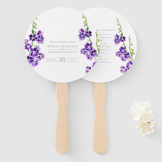 紫色の水色のスカイフラワー結婚ボタニーズ ハンドファン (正面&裏面)