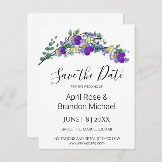 紫色の水色のバイオリラベンダーユーカリ セーブザデート (正面/裏面)