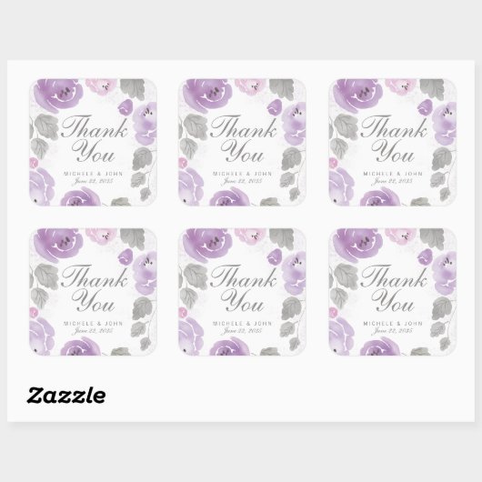 紫色の水色のバラありがとうスティッカー スクエアシール (シート)