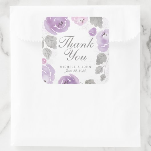 紫色の水色のバラありがとうスティッカー スクエアシール (バッグ)