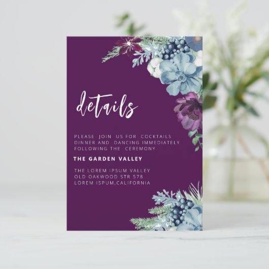 紫色の水色のフローラエレガントな結婚式 エンクロージャーカード (スタンド正面)