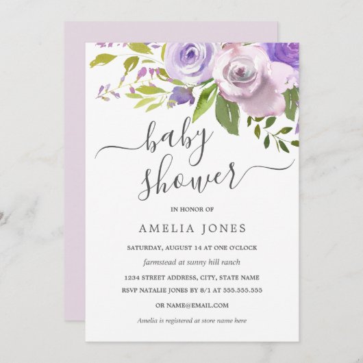紫色の水色のフローラベビーシャワー 招待状 (正面/裏面)