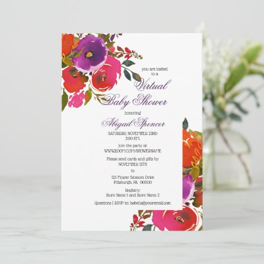 紫色の水色のフローラ女の子仮想ベビーシャワー 招待状 (スタンド正面)