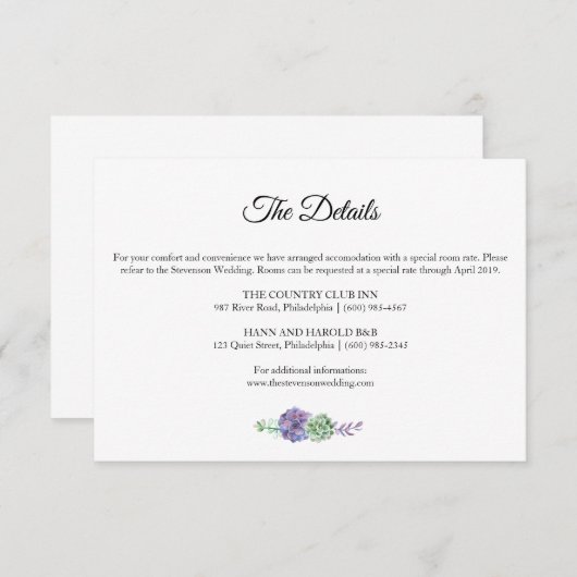 紫色の水色の多肉性詳細結婚ズスイート エンクロージャーカード (正面/裏面)