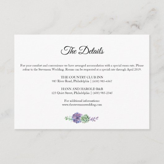 紫色の水色の多肉性詳細結婚ズスイート エンクロージャーカード (正面)