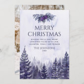 紫色の水色の松の木の森フォトクリスマス シーズンカード (正面/裏面)