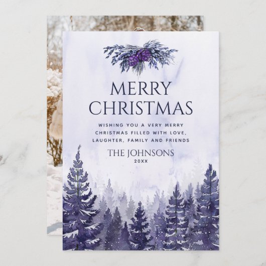 紫色の水色の松の木の森フォトクリスマス シーズンカード (正面/裏面)