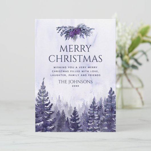 紫色の水色の松の木の森フォトクリスマス シーズンカード (スタンド正面)