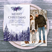 紫色の水色の松の木の森フォトクリスマス シーズンカード