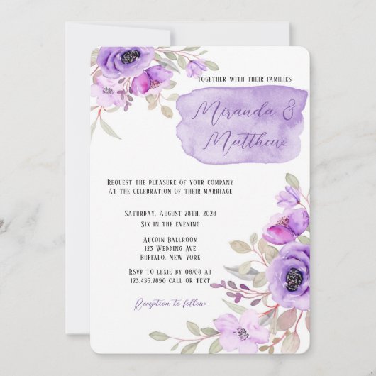 紫色の水色の牡丹結婚の花の全てを1つ 招待状 (正面)