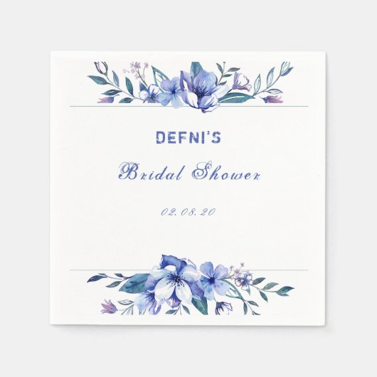 紫色の水色の素朴なフローラブライダルシャワー スタンダードカクテルナプキン (正面)