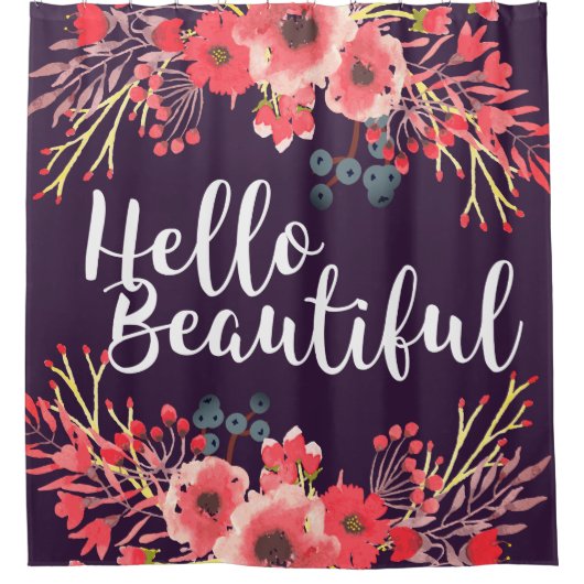 紫色の水色の花こんにちは美しいスクリプト シャワーカーテン (正面)