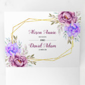 紫色の水色の花と金ゴールド結婚枠 三つ折り招待状 (内部最初)