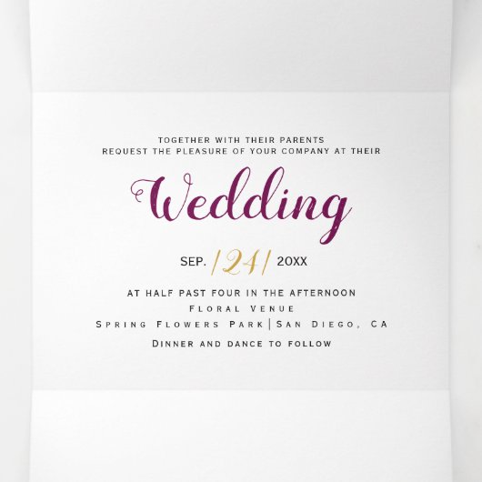 紫色の水色の花と金ゴールド結婚枠 三つ折り招待状 (内部中)