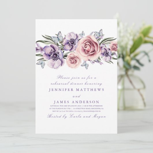 紫色の水色の花のリハーサルディナーカード 招待状 (スタンド正面)