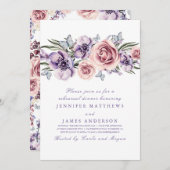 紫色の水色の花のリハーサルディナーカード 招待状 (正面/裏面)