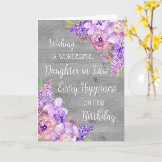 紫色の水色の花の娘の義理 カード (黄色い花)