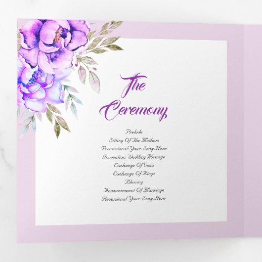 紫色の水色の花の薄紫結婚の写真 三つ折りプログラム (内部最初)
