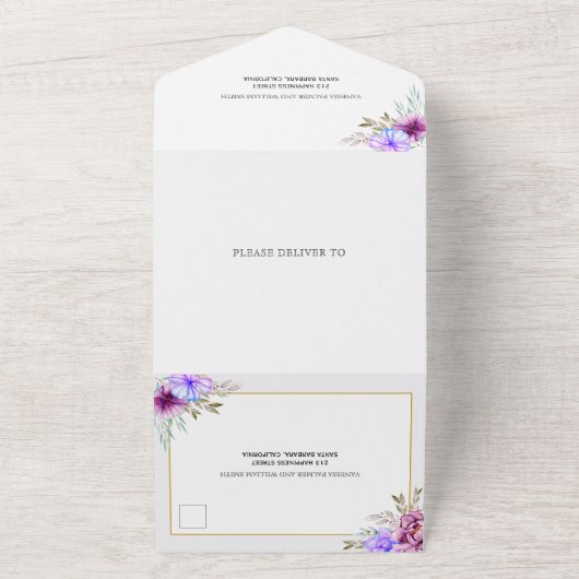 紫色の水色の花の金ゴールド結婚フレームすべて オールインワン招待状 (外側)
