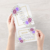 紫色の水色の花の金ゴールド結婚フレームすべて オールインワン招待状 (貼ってはがせる)