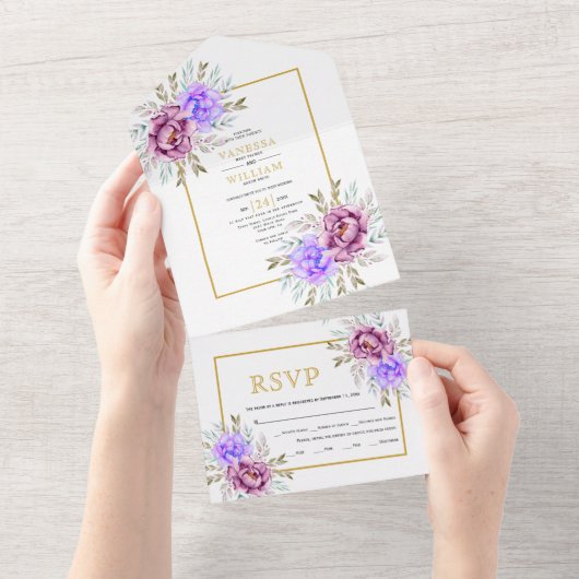 紫色の水色の花の金ゴールド結婚フレームすべて オールインワン招待状 (貼ってはがせる)