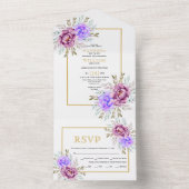 紫色の水色の花の金ゴールド結婚フレームすべて オールインワン招待状 (内側)