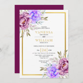 紫色の水色の花の金ゴールド結婚フレーム 招待状 (正面/裏面)