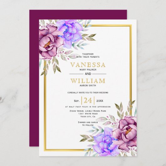 紫色の水色の花の金ゴールド結婚フレーム 招待状 (正面/裏面)