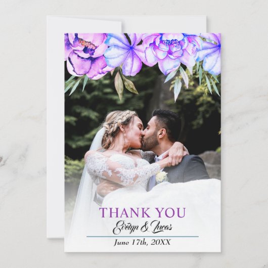 紫色の水色の花フローラ秋の結婚式 サンキューカード (正面)