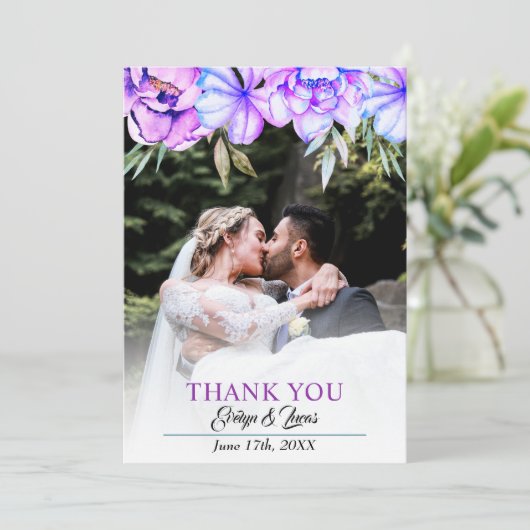 紫色の水色の花フローラ秋の結婚式 サンキューカード (スタンド正面)