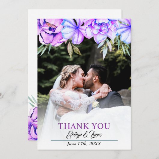 紫色の水色の花フローラ秋の結婚式 サンキューカード (正面/裏面)