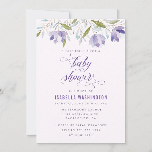 紫色の水色の花ベビーシャワー招待状 招待状 (正面)