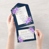 紫色の水色の花葉とネイビー結婚ズ オールインワン招待状 (貼ってはがせる)