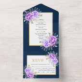 紫色の水色の花葉とネイビー結婚ズ オールインワン招待状 (内側)