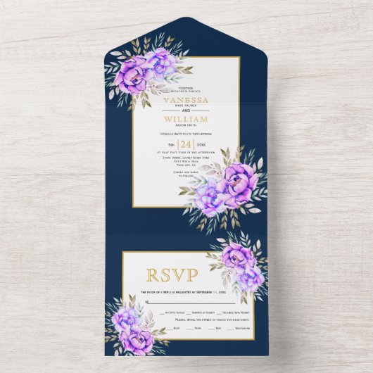 紫色の水色の花葉とネイビー結婚ズ オールインワン招待状 (内側)