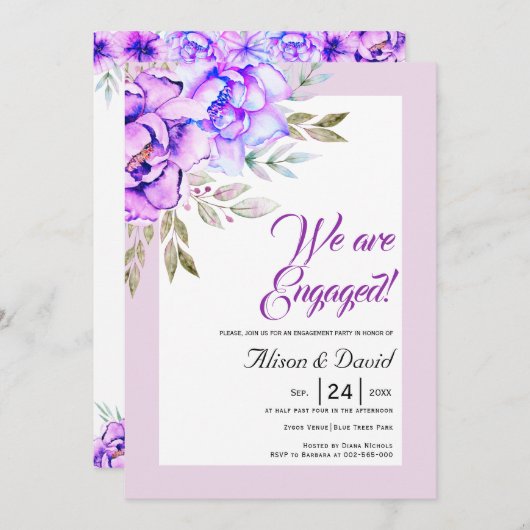 紫色の水色の花薄紫婚約 招待状 (正面/裏面)