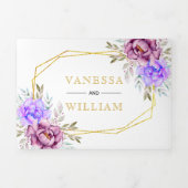 紫色の水色の花金ゴールド結婚タイポグラフィ 三つ折り招待状 (カバー)