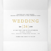 紫色の水色の花金ゴールド結婚タイポグラフィ 三つ折り招待状 (内部中)