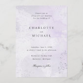 紫色の水色の銀結婚箔 箔招待状 (正面)