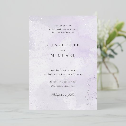 紫色の水色の銀結婚箔 箔招待状 (立ち正面)
