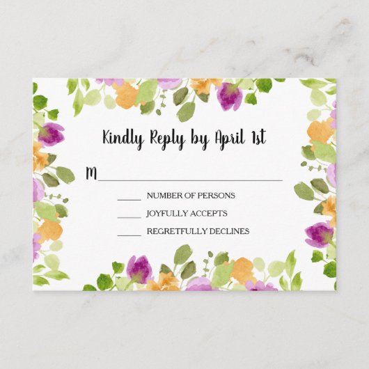 紫色の水色の開花ウェディングレセプション エンクロージャーカード (正面)