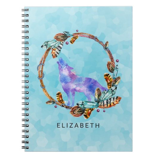 紫色の水色ウルフとボホリースカスタム ノートブック (正面)