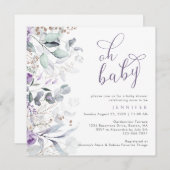 紫色の水色フローラオ赤ちゃんシャワー 招待状 (正面/裏面)