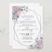 紫色の水色フローラジオメト結婚リ 招待状 (正面/裏面)