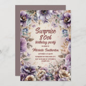 紫色の水色フローラ蝶サプライズ80th 招待状 (正面/裏面)
