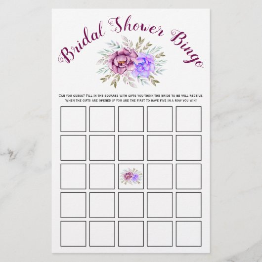 紫色の水色ブライダルシャワービンゴゲームカード チラシ (正面)