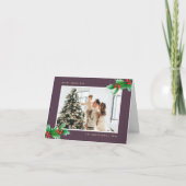 紫色の水色ホリーベリー写真クリスマス シーズンカード (正面)