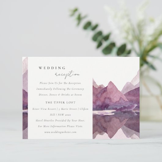 紫色の水色マウンテンレイクウェディングレセプション 招待状 (スタンド正面)