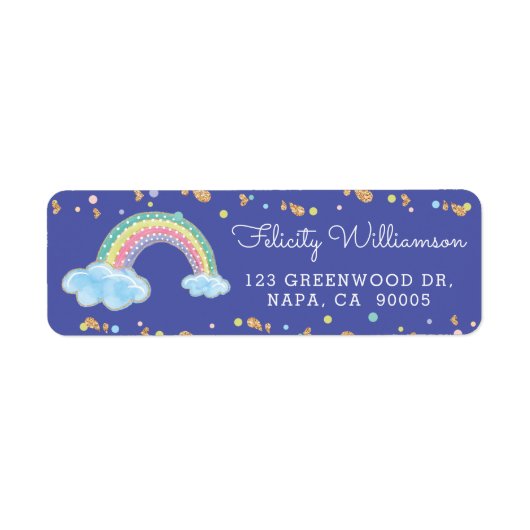 紫色の水色レインボー紙吹雪ベビーシャワー ラベル (正面)